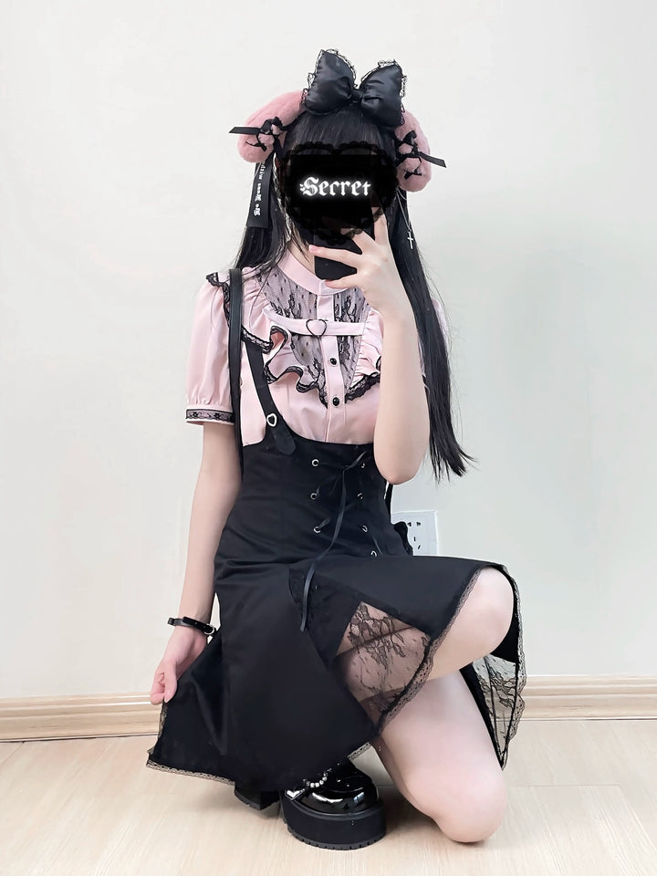 Jirai Kei Bi-color Blouse, Suspender Skirt Set 21976:365180