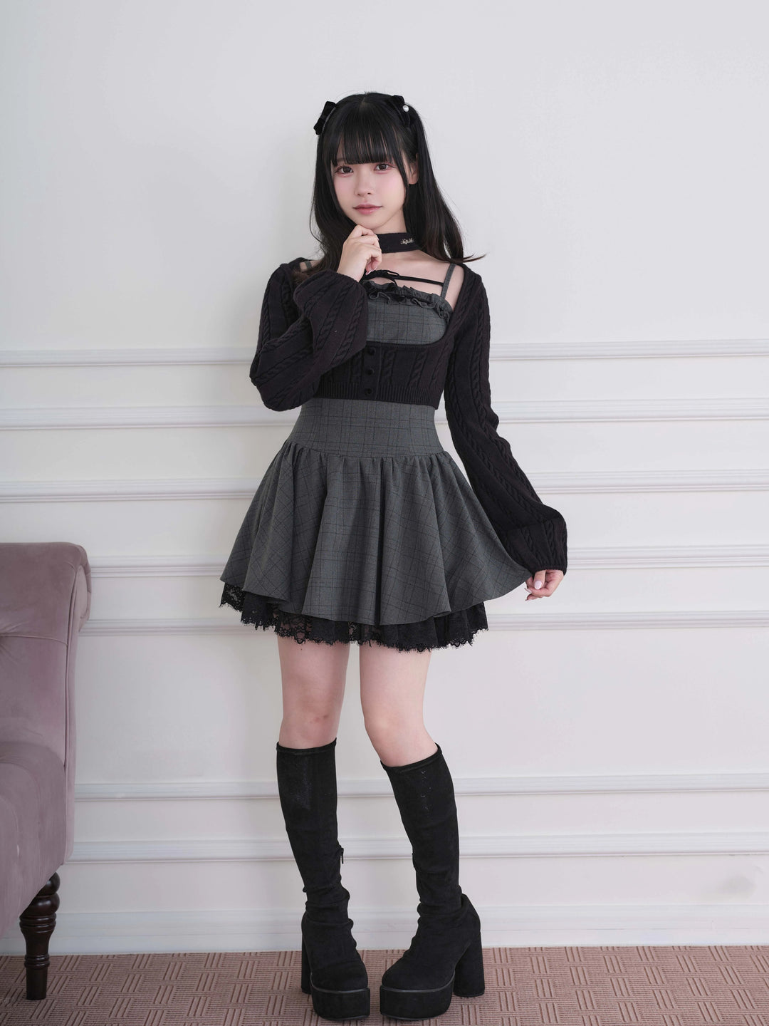 Ryousangata Plaid Dress & Knit Sweater Set, Choker-Neck 46032:873321