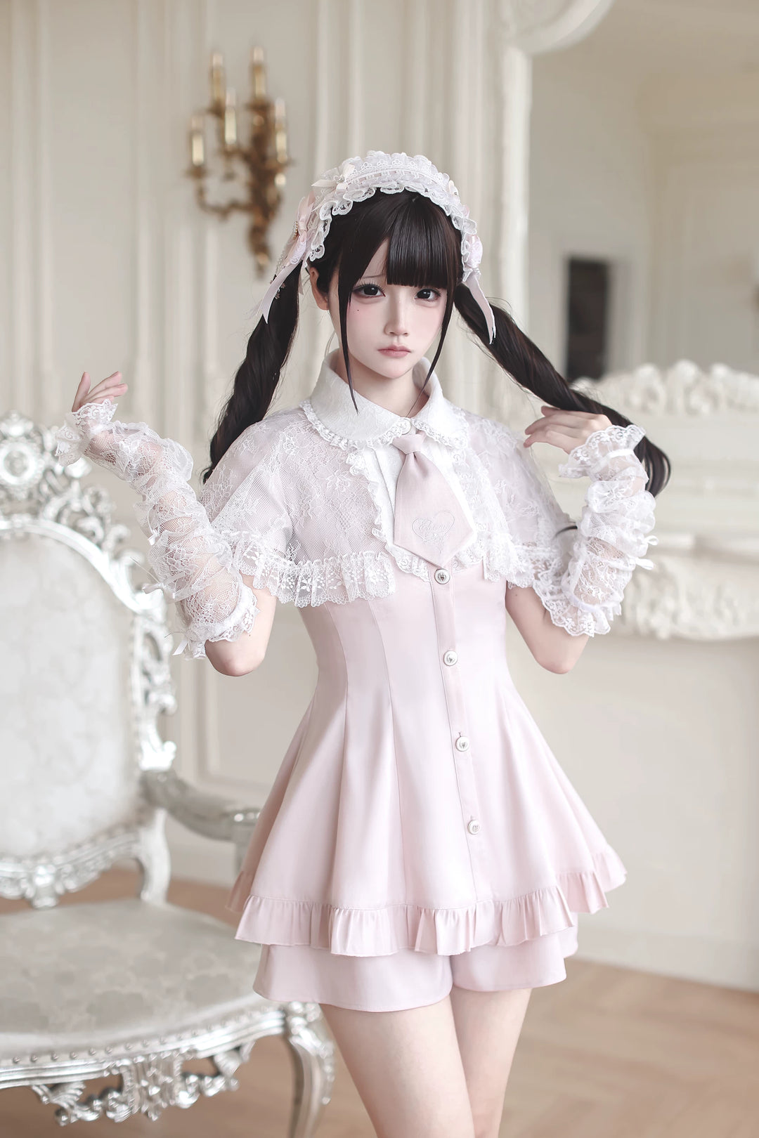 Jirai Kei Lace Shawl Dress Set, Detachable Tie 45193:840946