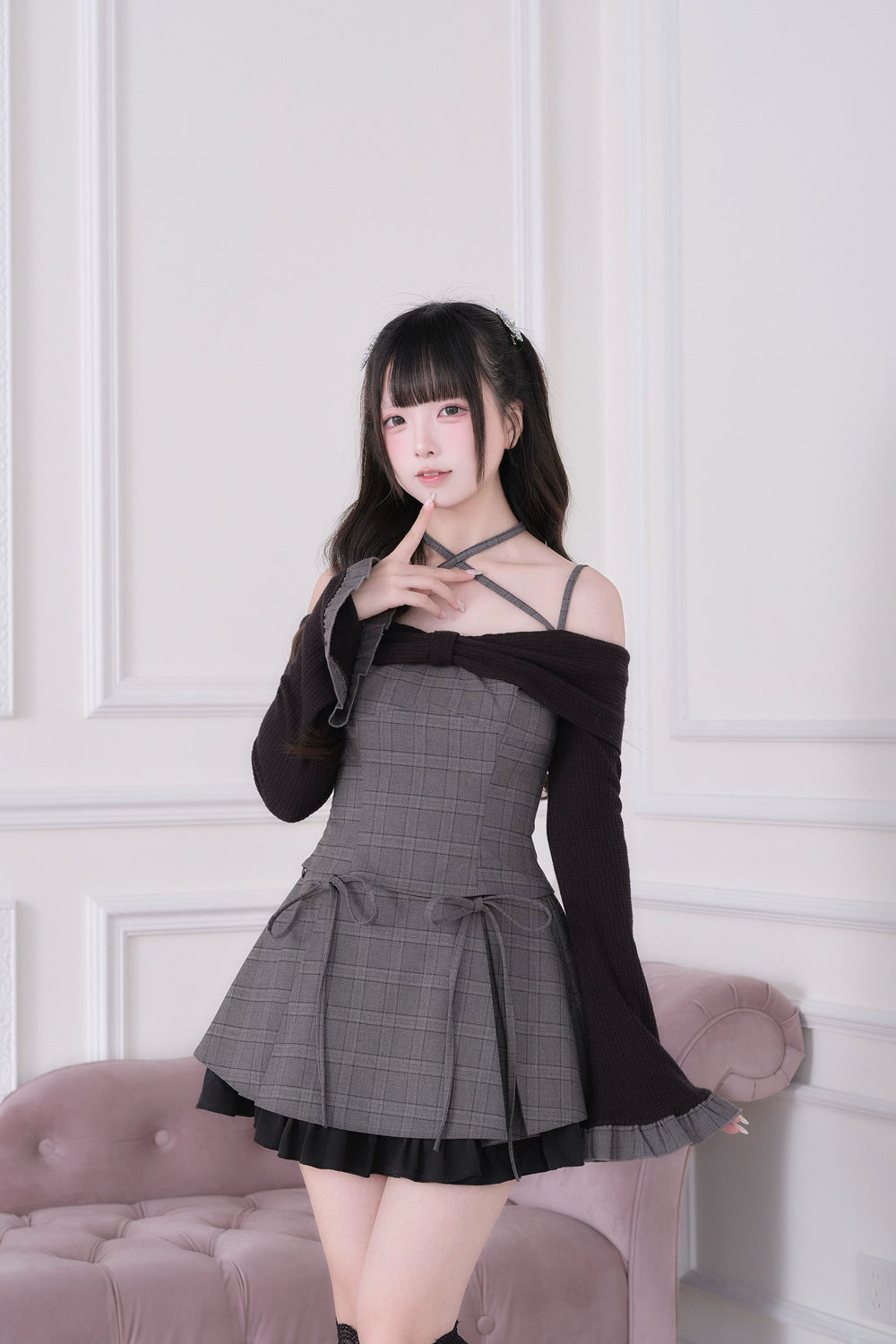 Jirai Kei Plaid Top and Skirt Set, Halter Neckline (Gray / M S) 44814:822663