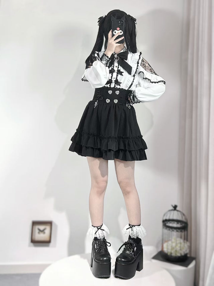 Jirai Kei White Blouse With Lace Open Shoulder And Long Sleeves 42710:750084