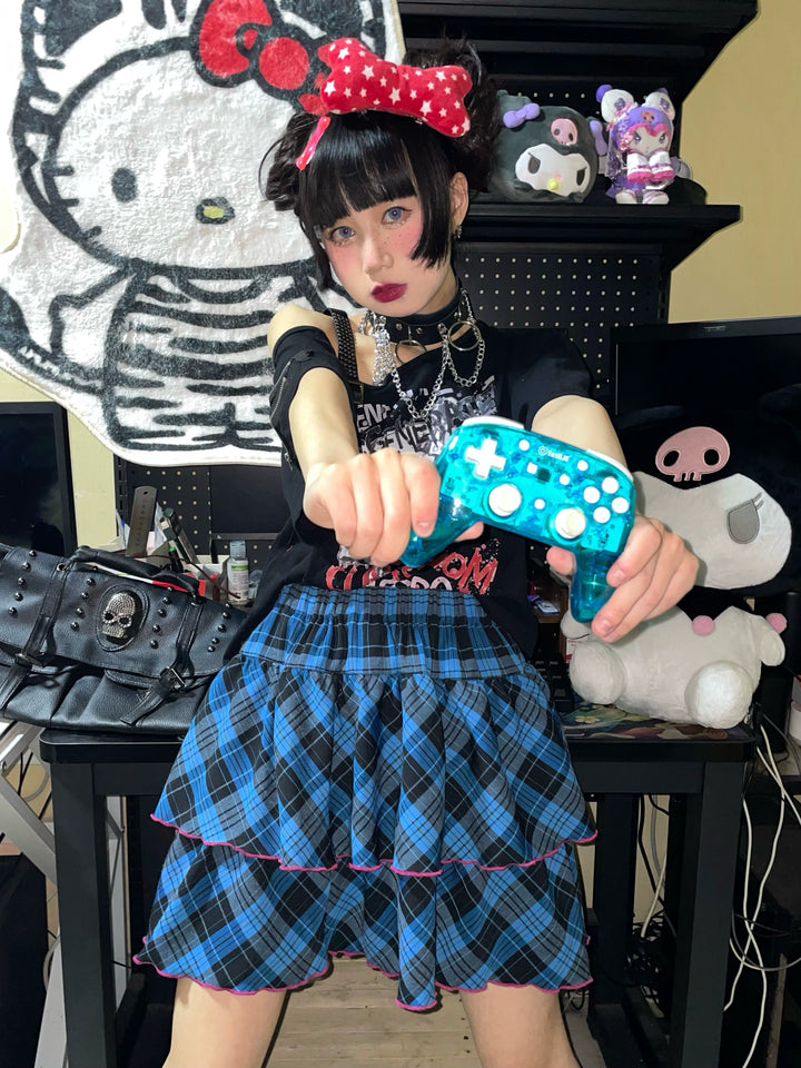 Punk Plaid Skirt Pink Blue Skirt Bow Layered Ruffle Skirt 33818:445972 33818:445972