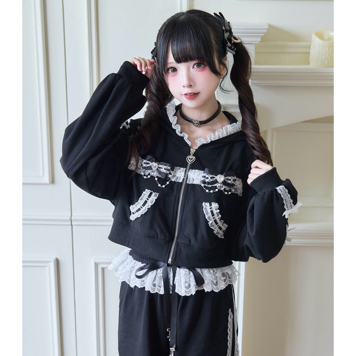 Sport Jirai Kei Hoodie Jacket Pants and Skirt with Lace Detail 42521:743628