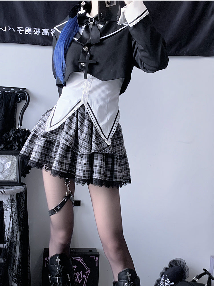Gothic Outfit Black Jacket White Blouse Plaid Tiered Skirt (L M S) 42237:735507
