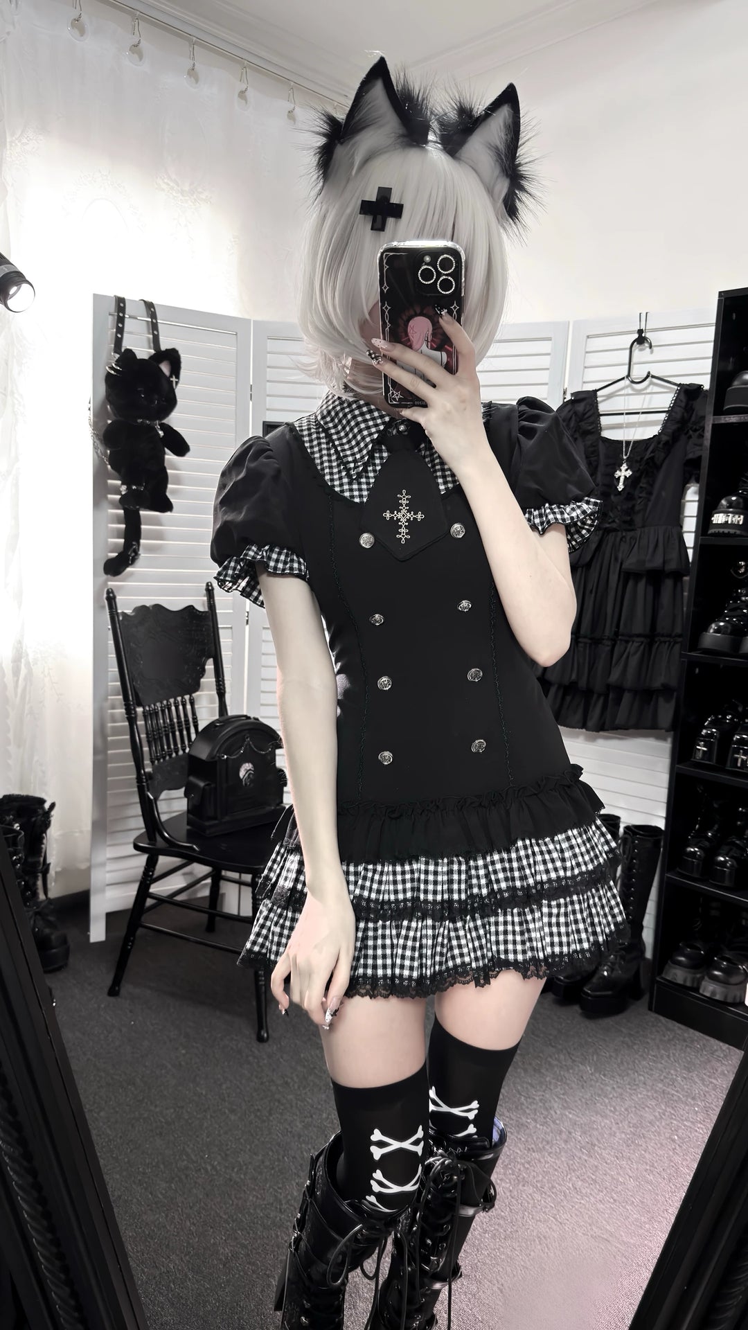 Low-Waist Jirai Kei Dress Set, Cross Embroidery 44780:826732