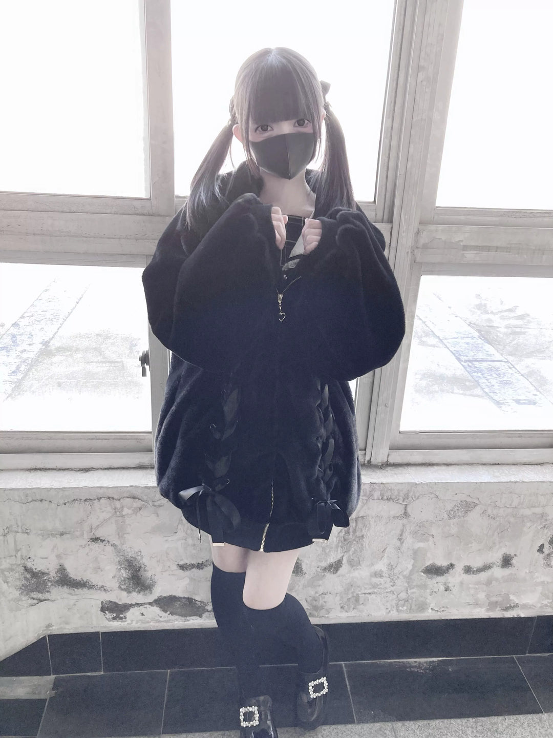 Jirai Kei Winter Coat Black Hooded Bunny Ears Fleece Coat 39524:626752