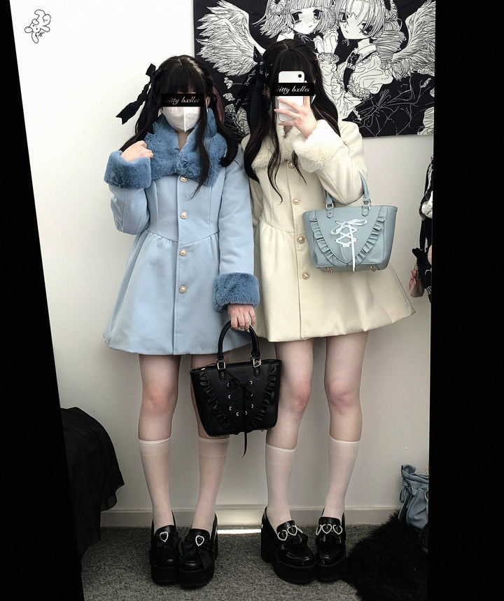 Jirai Kei Coat Detachable Fur Collar Dress Wool-like Jacket 40416:667642