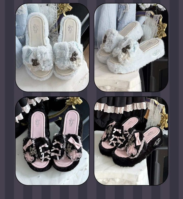 Jirai Kei Platform Wedge Slippers, Bunny Ears & Cross 46071:875434