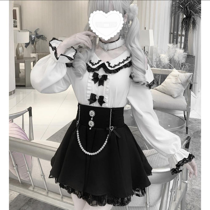 Jirai Kei Open-shoulder Blouse Black Skirt With Peal Chain 42164:729288