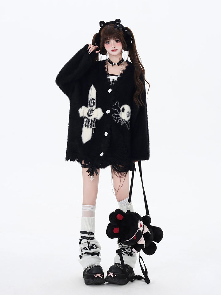 Jirai Kei Sweater Irregular Hem Cardigan With Striped Scarf 40922:680412