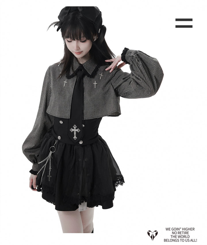 Gothic Striped Blouse, Black Skirt Set 44172:800216