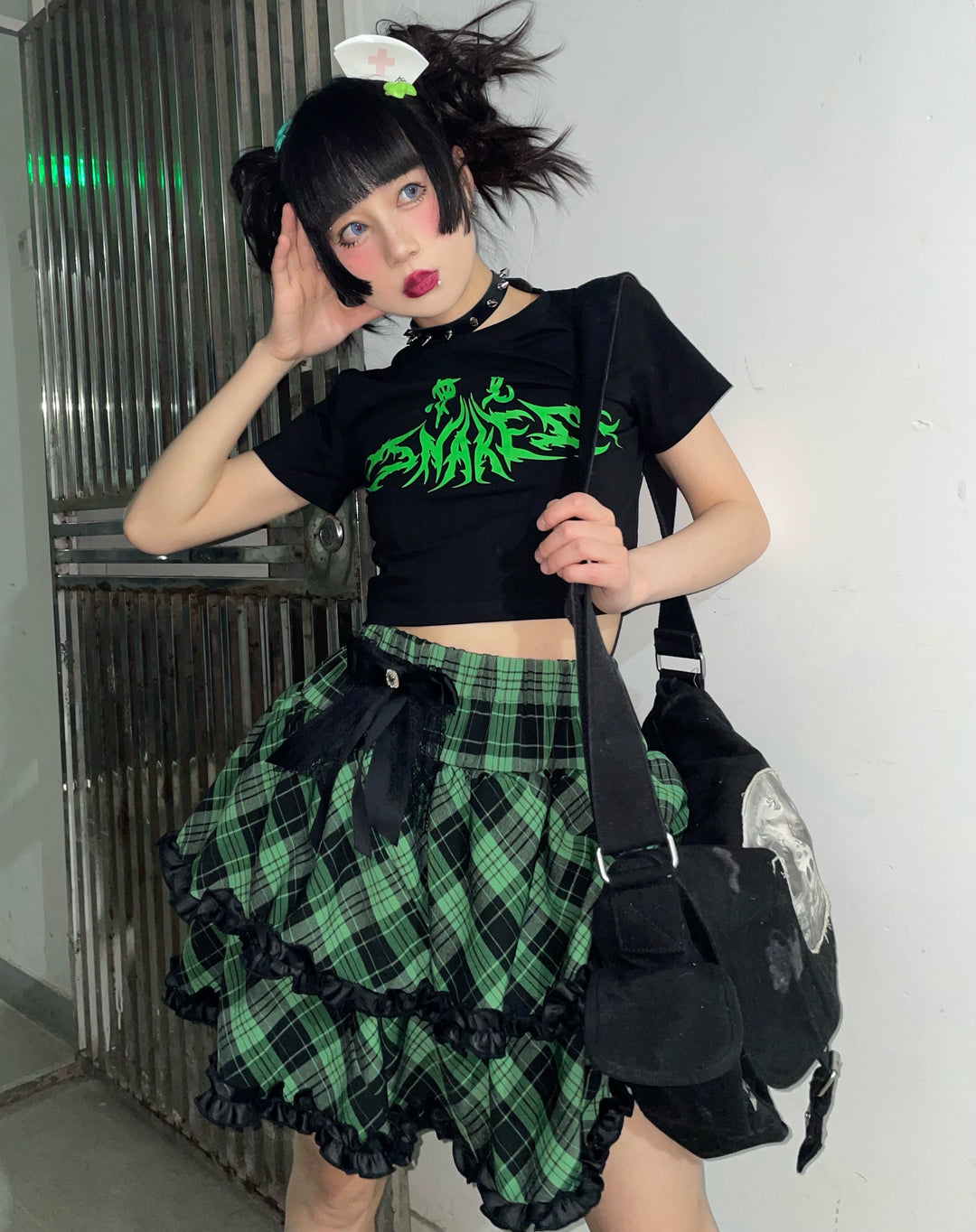 Punk Plaid Skirt Pink Blue Skirt Bow Layered Ruffle Skirt 33818:445966 33818:445966