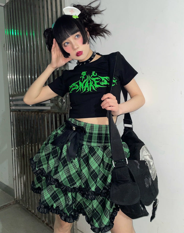 Punk Plaid Skirt Pink Blue Skirt Bow Layered Ruffle Skirt 33818:445966 33818:445966