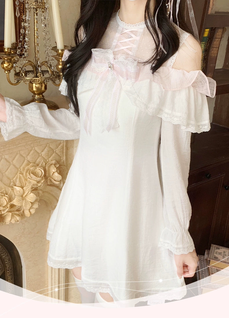 Open Shoulder Ryousangata A-Line Dress with Lace & Bow 43070:764350