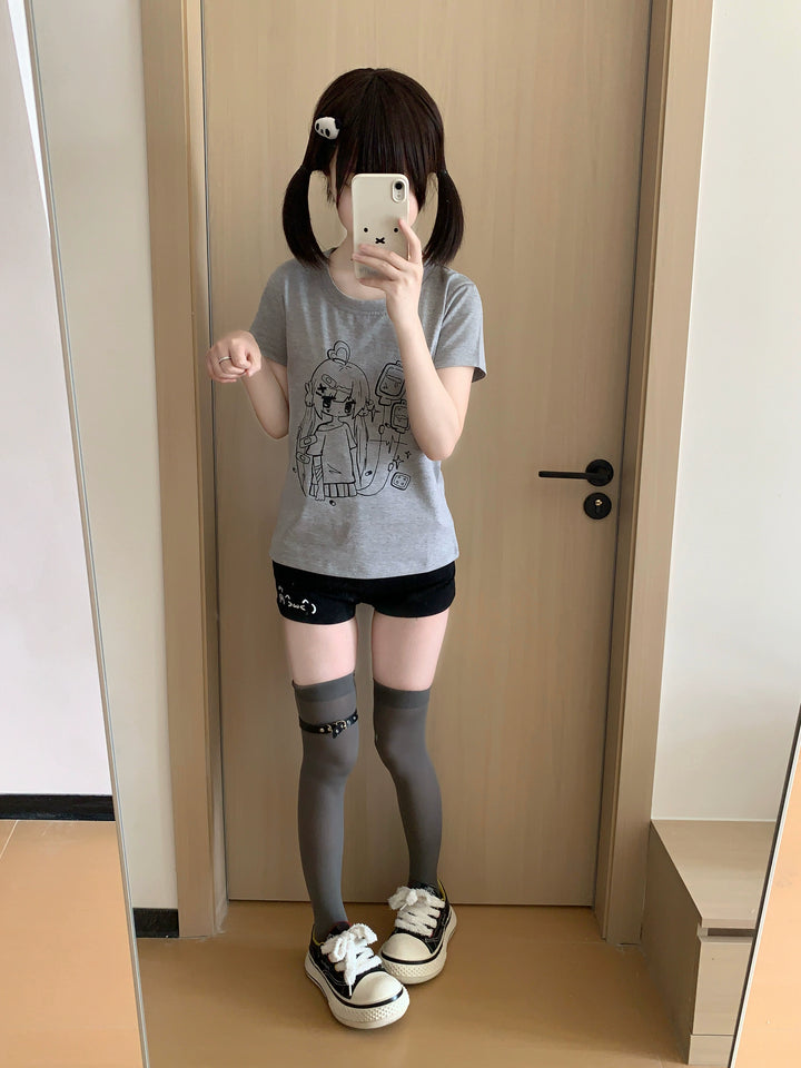 Gray Yami Kawaii T-Shirt With Anime Sick Girl Print 42898:757203