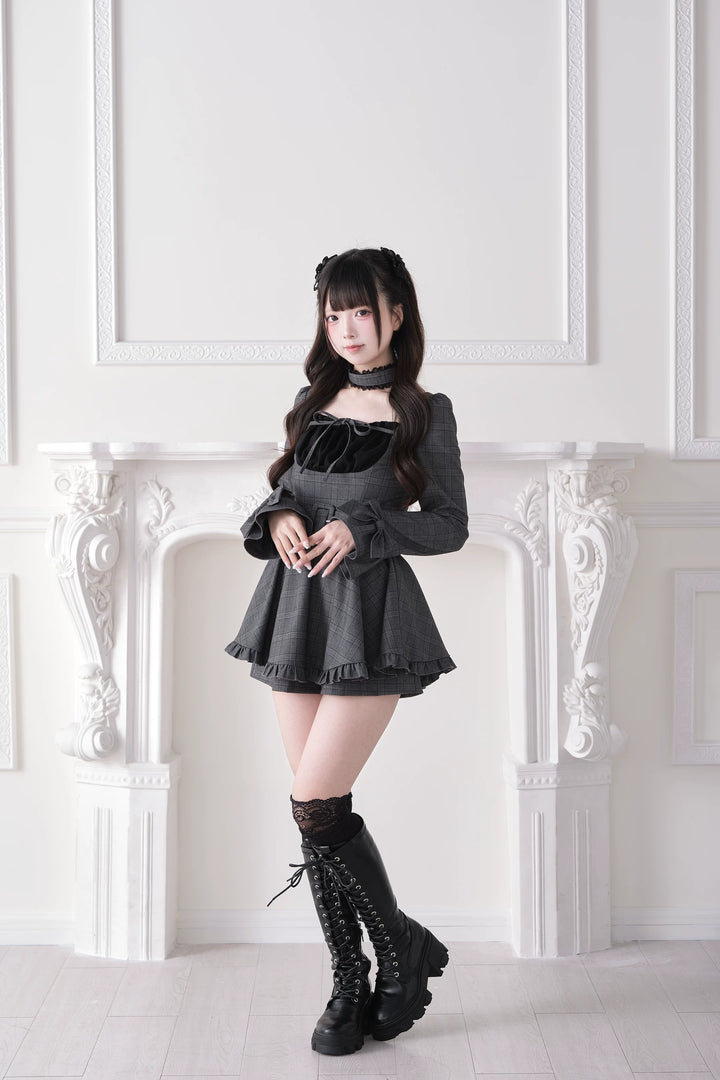 Jirai Kei Plaid Dress and Shorts Set, Lace Trim Choker 44689:819282