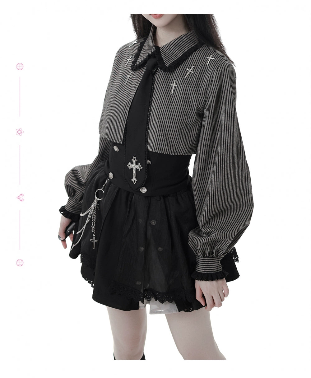 Gothic Striped Blouse, Black Skirt Set 44172:800228