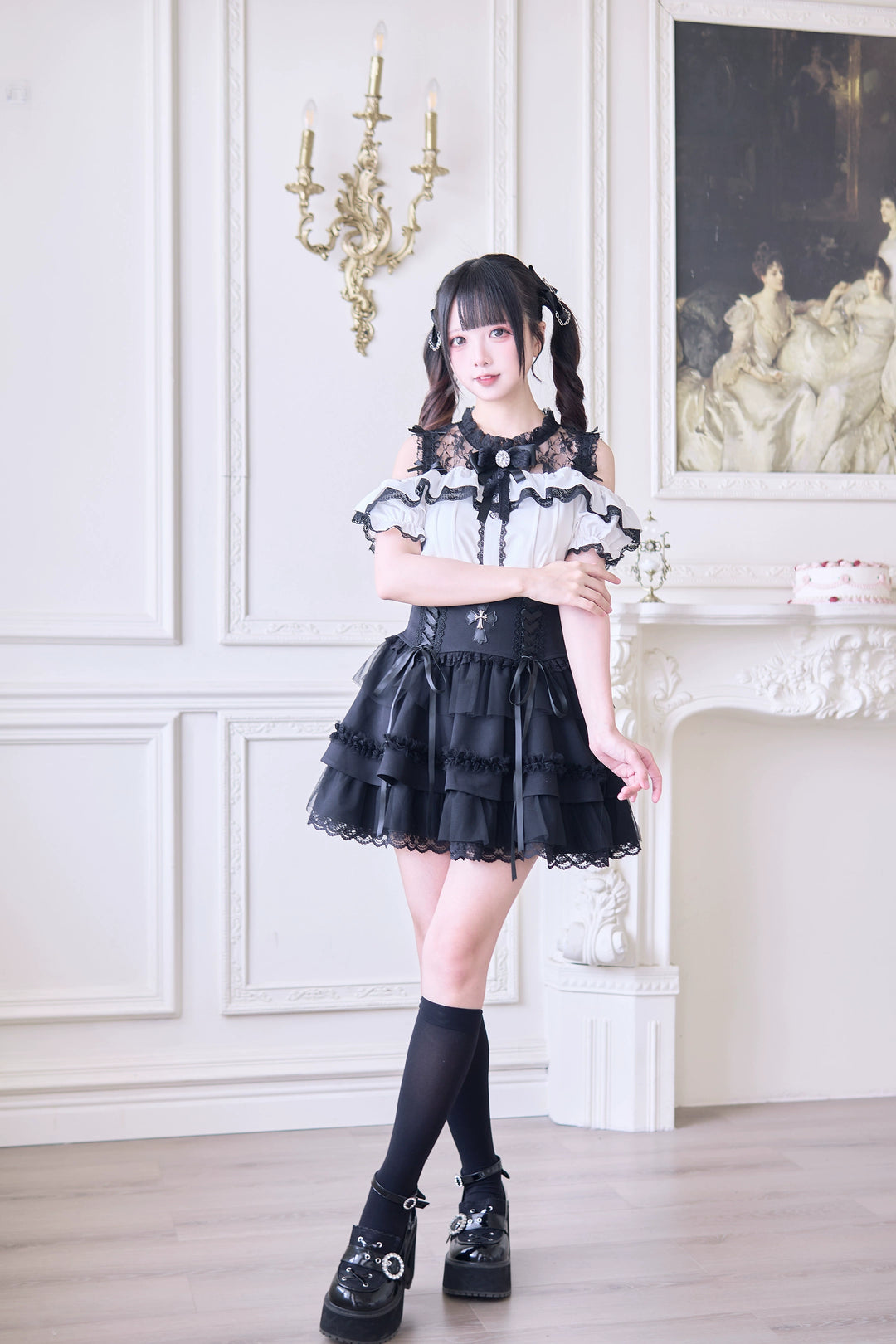 Jirai Kei Blouse with Hallow-out Upper & Rhinestone Bow Tie 42893:757703