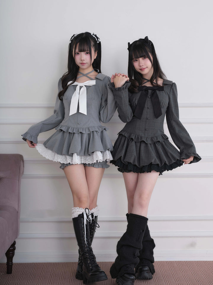 Ryousangata Plaid/Striped Dress & Shorts Set, Chest Big Bow 46031:873209
