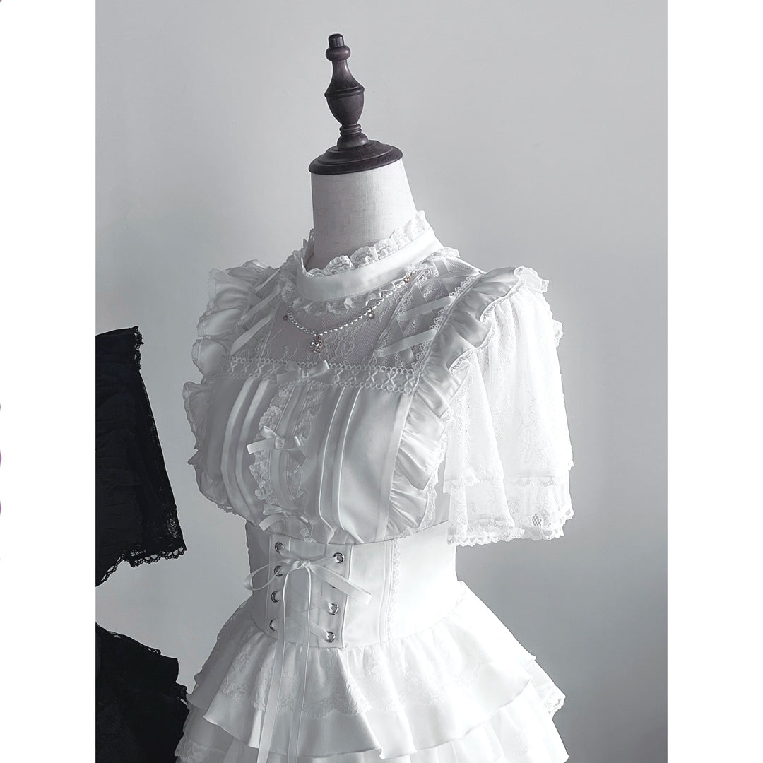 Jirai Kei Pearl Necklace Blouse, Lace-up Cake Skirt Set (L M S) 43019:762196