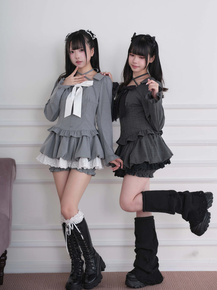Ryousangata Plaid/Striped Dress & Shorts Set, Chest Big Bow 46031:873219