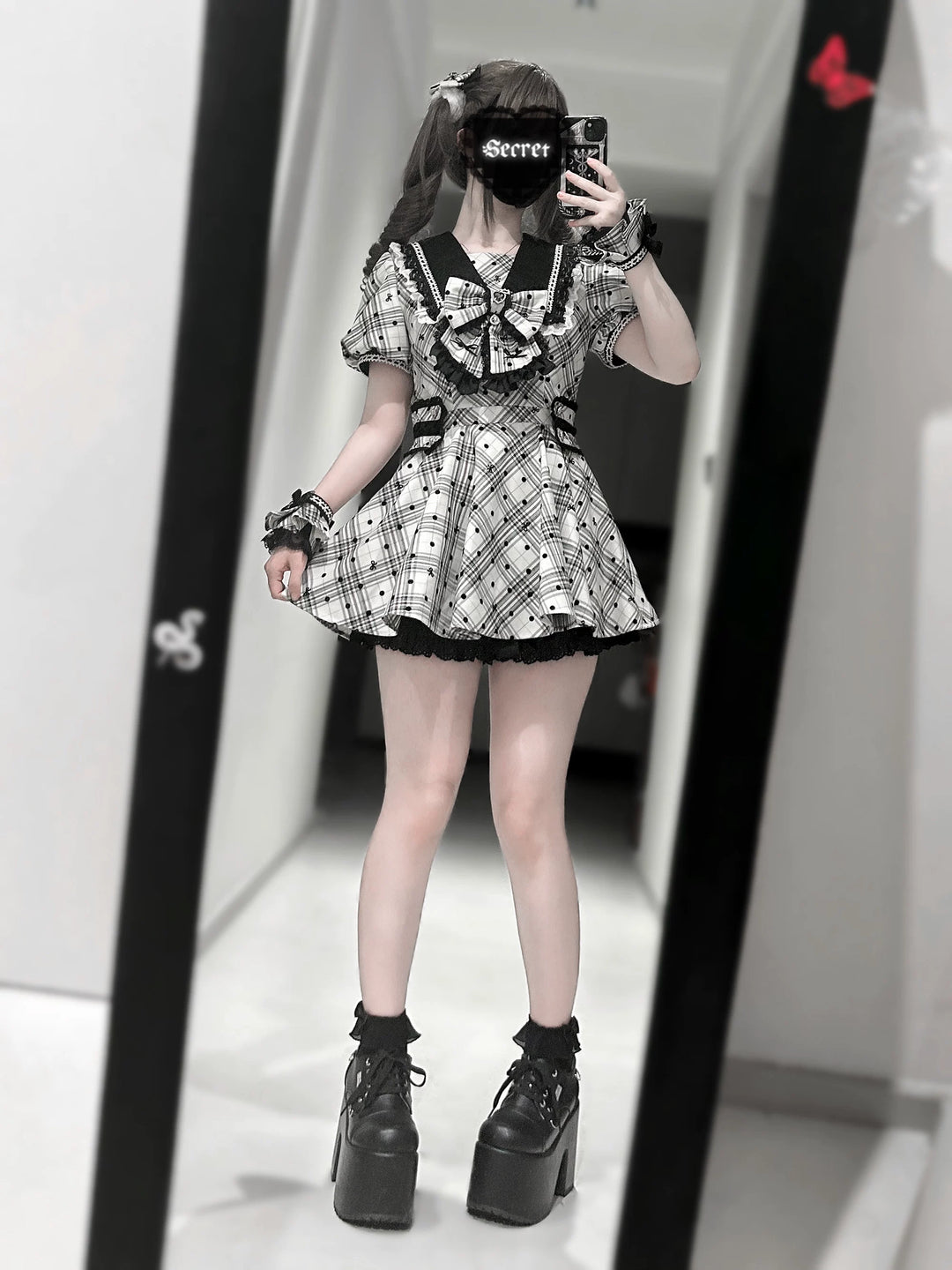 Cotton Lining Jirai Kei Dress, Plaid & Polka Dot Style 44924:829907