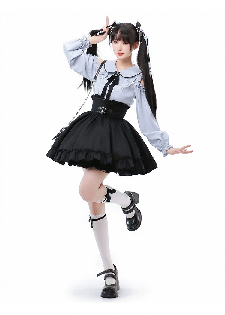 Jirai Kei Blue Open Shoulder Blouse, Flounce Hem Skirt 21966:351018