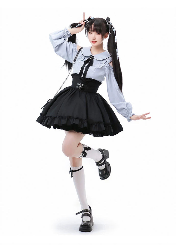 Jirai Kei Blue Open Shoulder Blouse, Flounce Hem Skirt 21966:351018