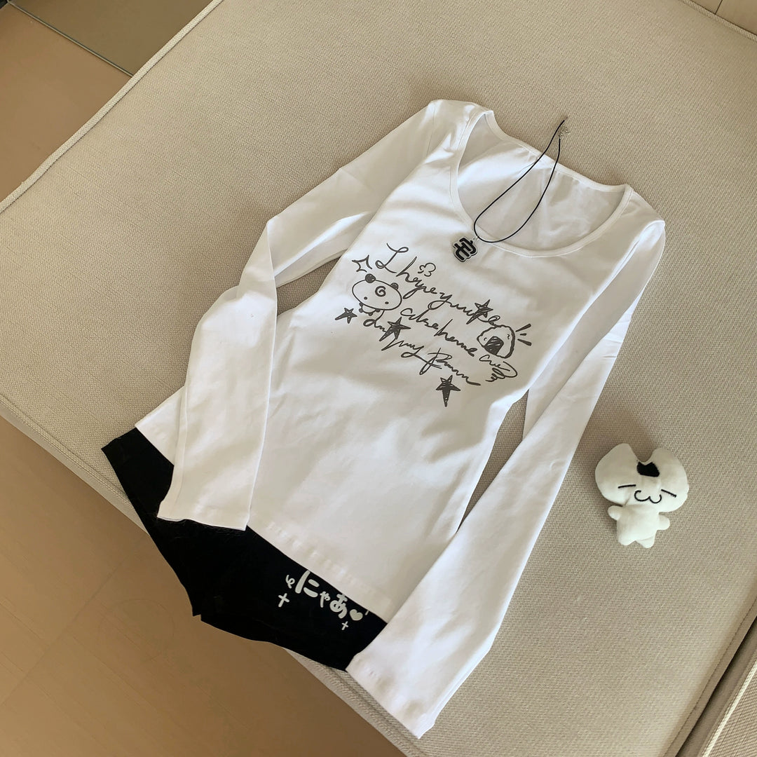 Long-Sleeved Gyaru Style Shirt with Otaku Graphic Print 42901:757236