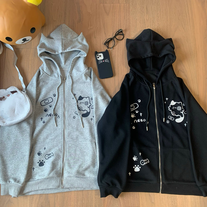 Kawaii Cat Ear Hooded Jacket, Bandage & Fishbone Print 43324:774173