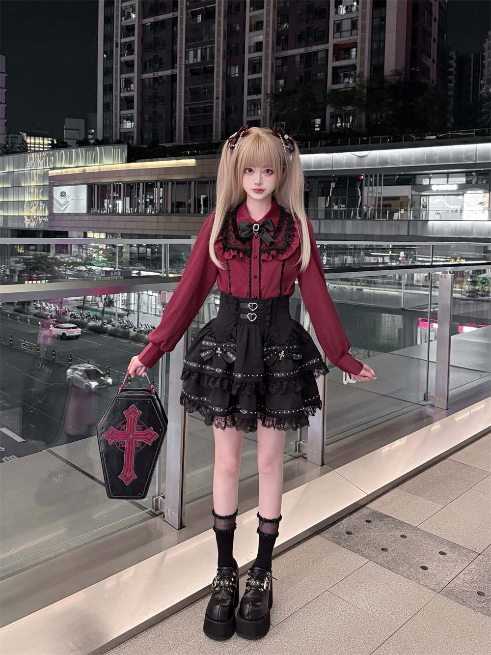 Long-sleeved Jirai Kei Blouse, Cake-Styled Skirt 44680:819292