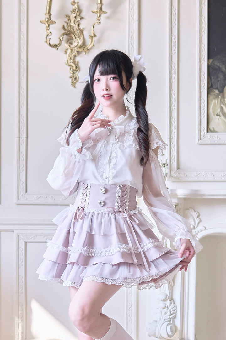 Jirai Kei Ruffle Tiered Skirt with Lace and Bows Multicolor 42894:758579