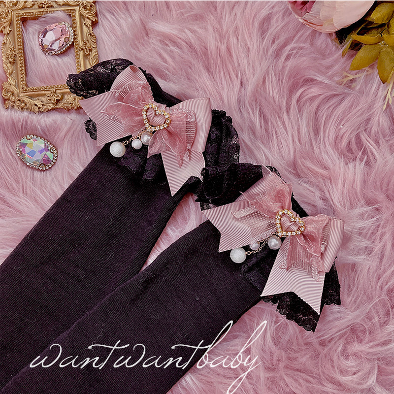 Jirai Kei Socks Black White Pink Blue Bow Lace Socks 21754:320596