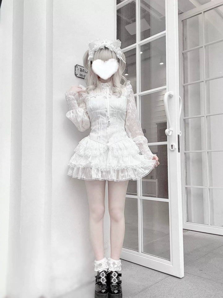 Jirai Kei Blouse & Bloomers Set, Ruffled Stand Collar 44959:831573