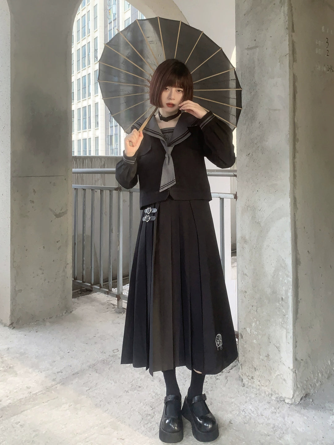 Black JK Uniform Sailor Collar Blouse Pocketed Pleated Skirt 43025:762292