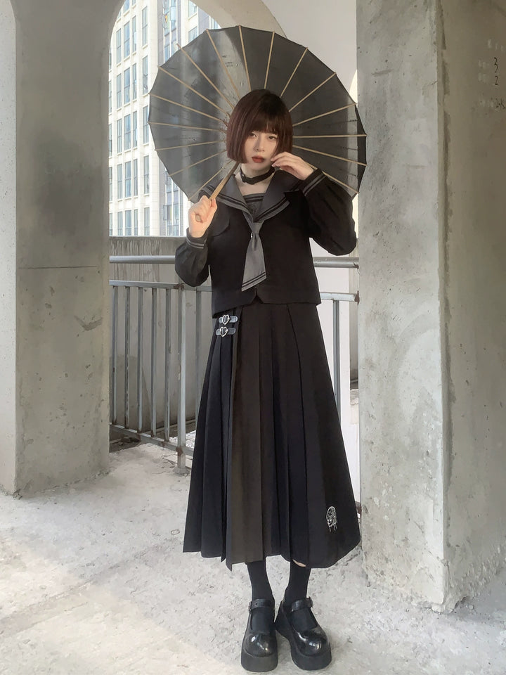 Black JK Uniform Sailor Collar Blouse Pocketed Pleated Skirt 43025:762292