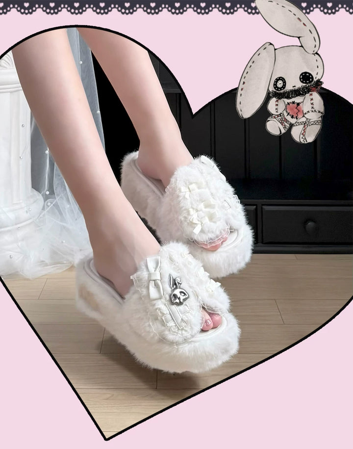Jirai Kei Platform Wedge Slippers, Bunny Ears & Cross 46071:875430