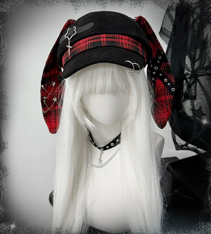 Plaid Punk Beret Hat, Bunny Ears, Safety Pins 43833:786496