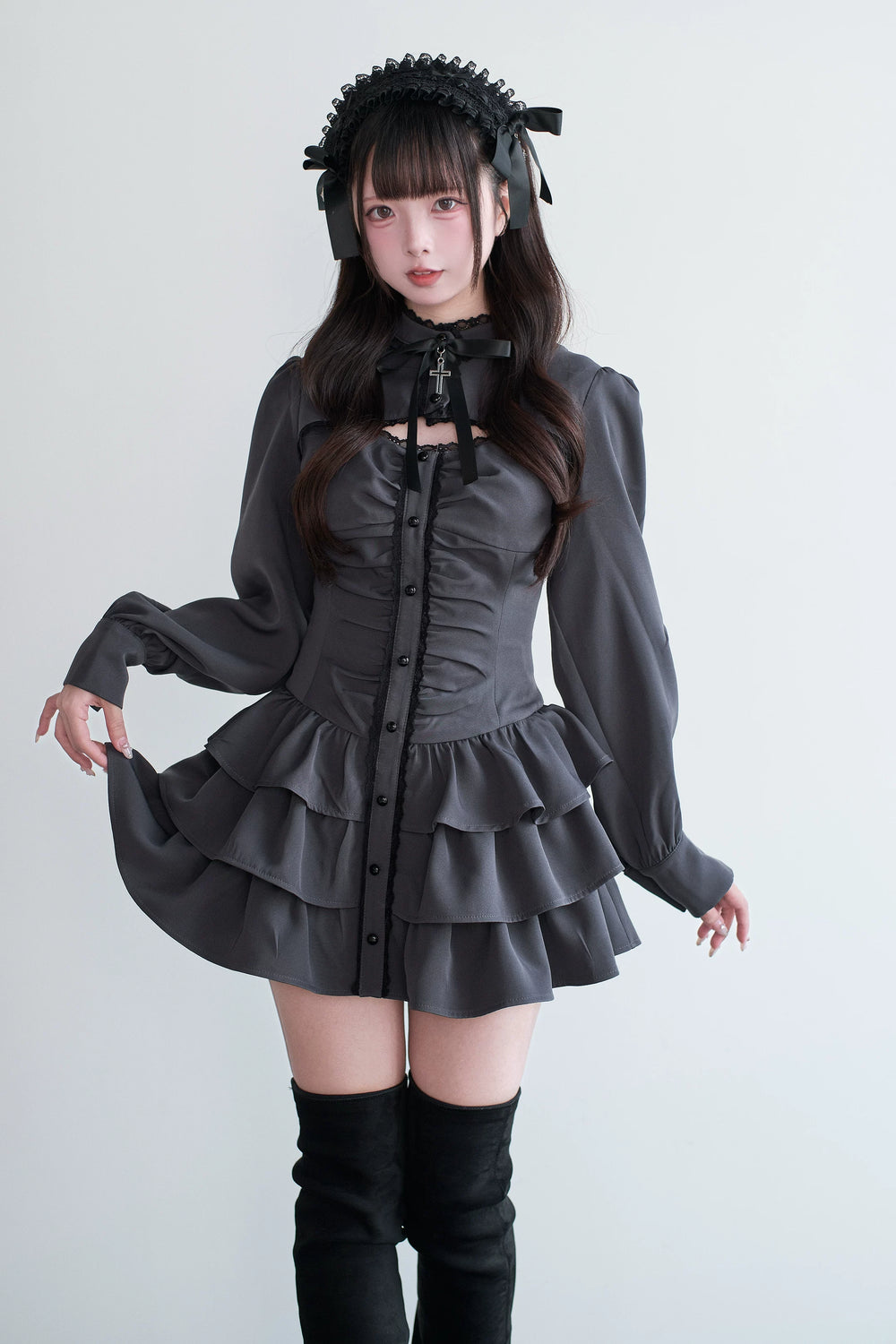 Black/Gray Jirai Kei Lace-Up Dress, Elastic Shorts (L M) 44329:806150