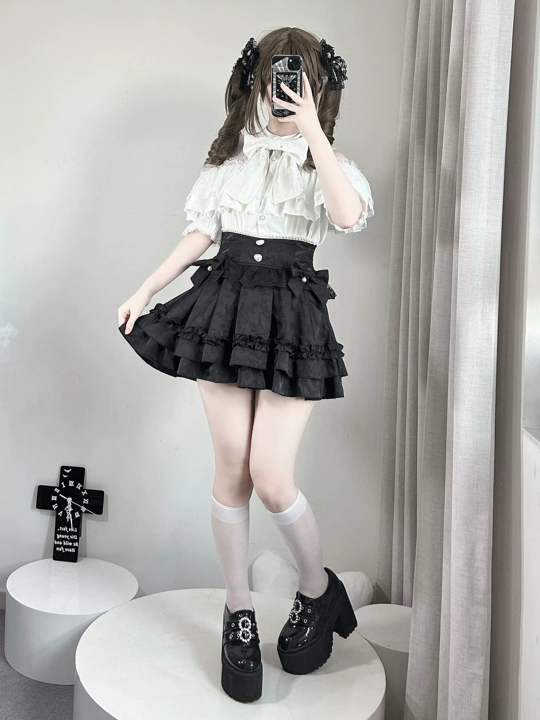 Solid Ryousangata Blouse, Lace Open-shoulder 44164:801561