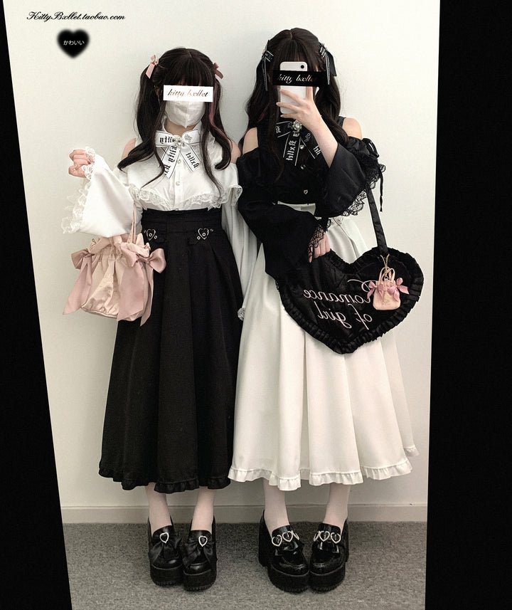 Open Shoulder Jirai Kei Blouse with Lace Trim & Princess Sleeves 42618:746999