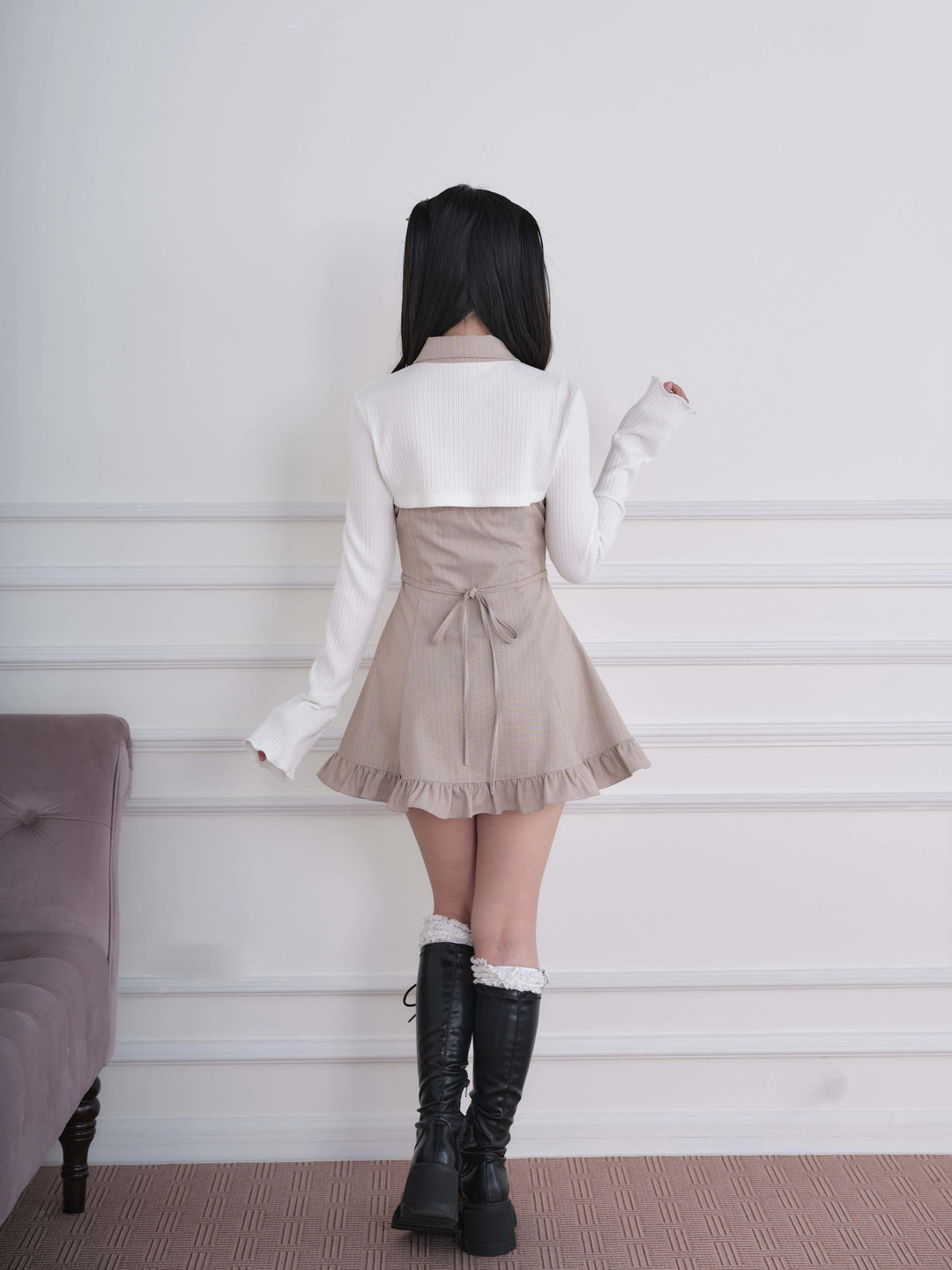 Ryousangata Dress & Knit Bolero Set, Plaid/Striped Pattern 46030:873171