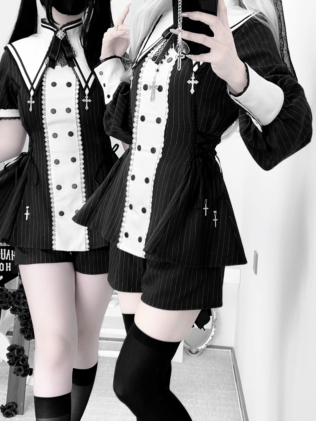 Striped Jirai Kei Set Up, Detachable Collar, Long/Short Sleeve Styles 43401:775803