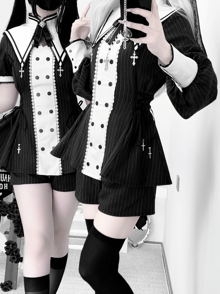 Striped Jirai Kei Set Up, Detachable Collar, Long/Short Sleeve Styles 43401:775803