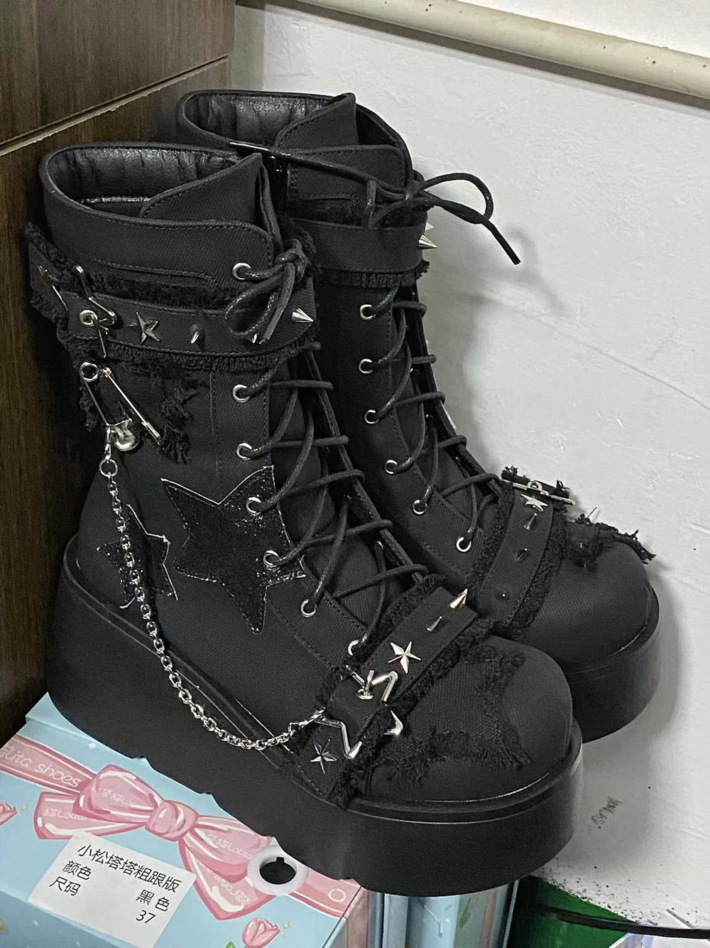Y2K Platform Shoes Gyaru Fashion Boots Canvas Combat Boots (Black / 34 35 36 37 38 39 40 41) 35060:487944