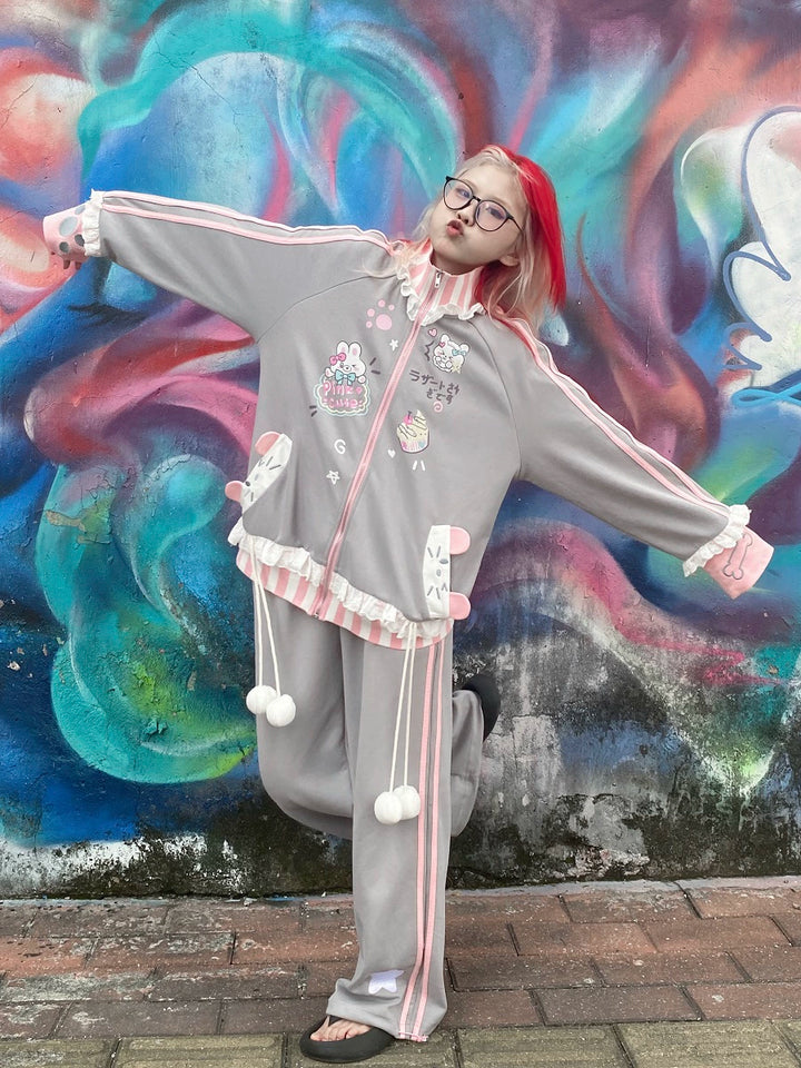 Tenshi Kaiwai Light Blue Grey Coat Pants Ruffle Collar Coat (L M S) 29184:337238 (L M S) 29184:337238