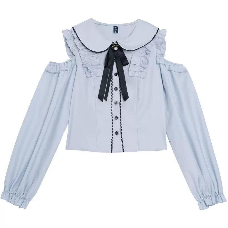 Jirai Kei Blue Open Shoulder Blouse, Flounce Hem Skirt 21966:569526
