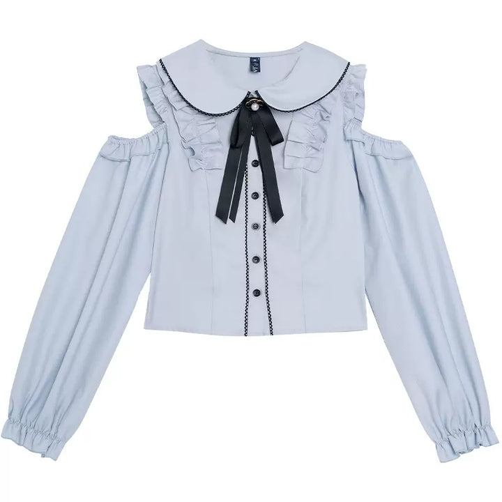 Jirai Kei Blue Open Shoulder Blouse, Flounce Hem Skirt 21966:569526