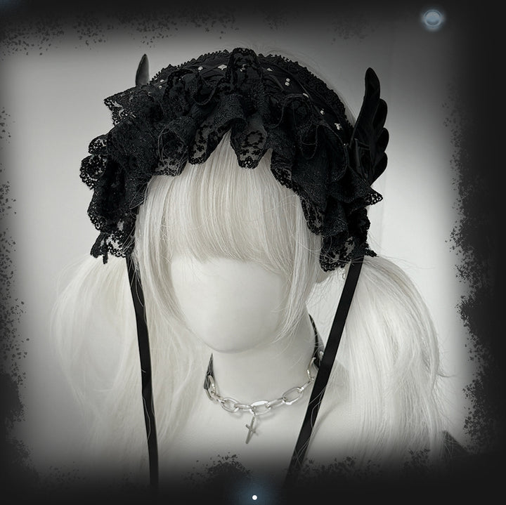Black Jirai Kei Lace Hairband with Wings Flowers and Rivets 42803:753940