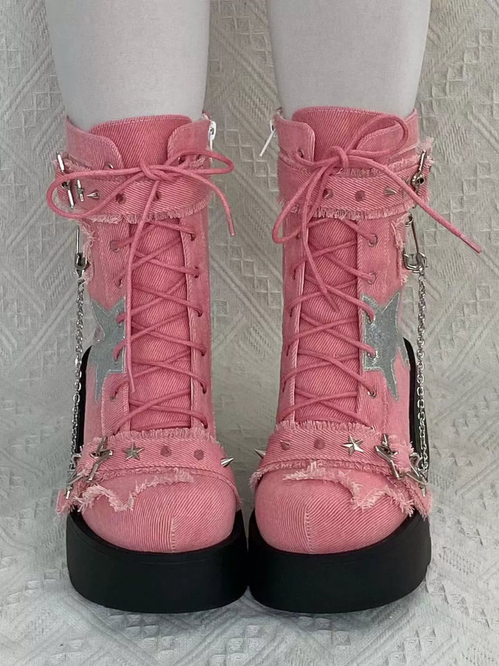 Y2K Platform Shoes Gyaru Fashion Boots Canvas Combat Boots 35060:487936